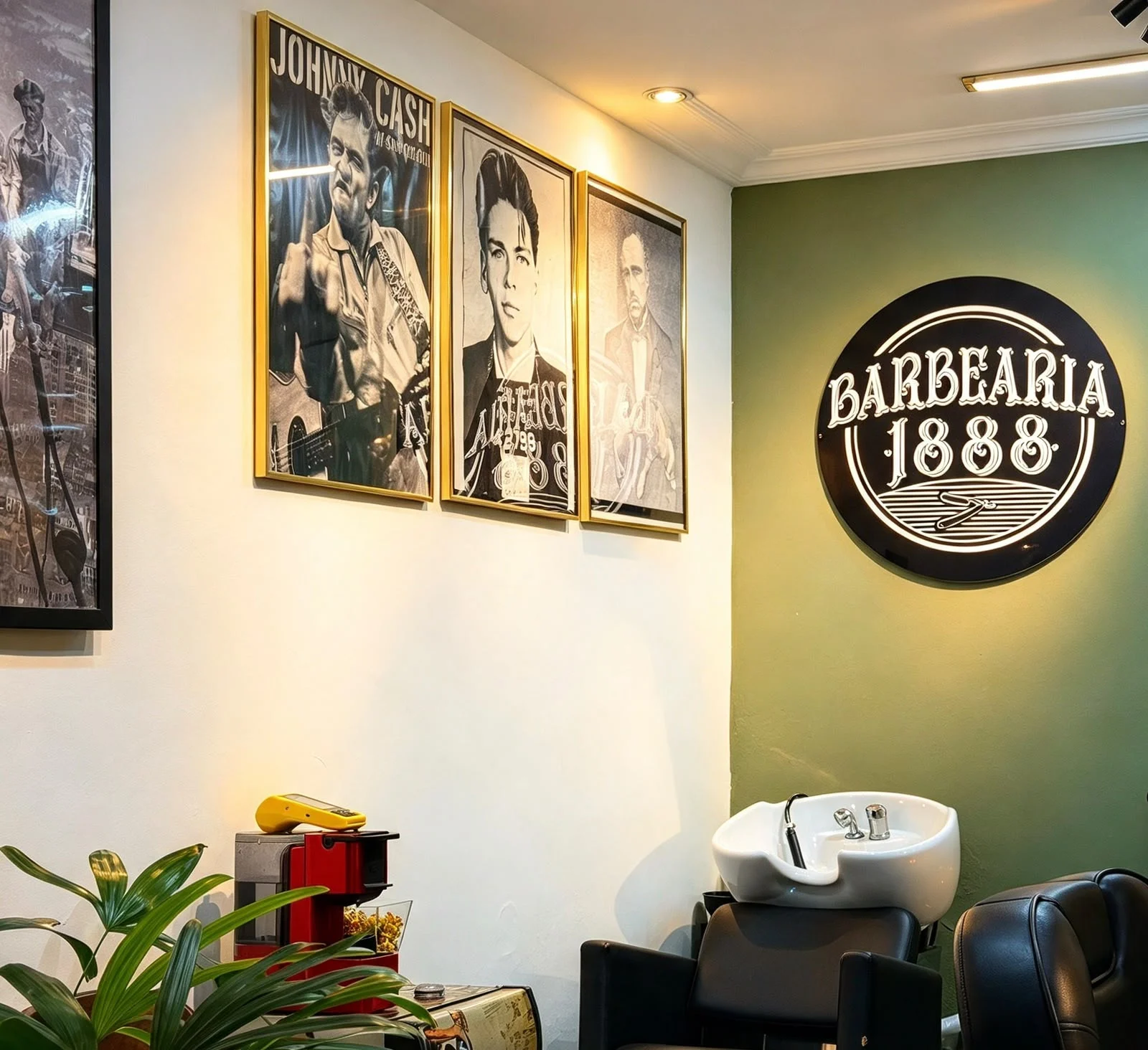 O ambiente real da Barbearia 1888, com decoração clássica e sua logo iluminada
